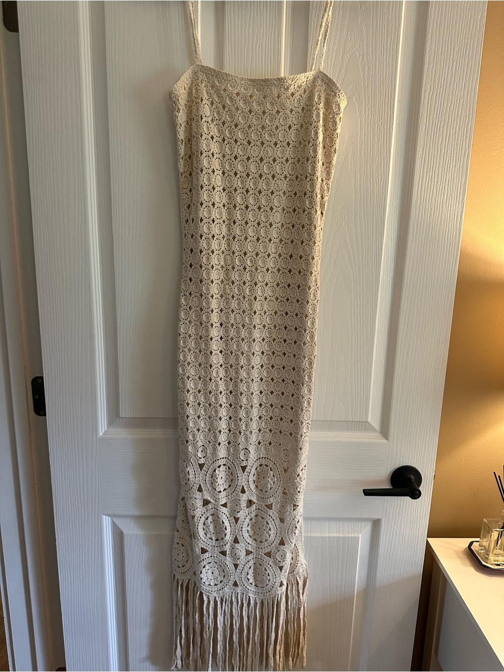 NWT Torn by Ronny Kobo Collection Cream Crochet Fringe Midi Dress $208 - Picture 5 of 9